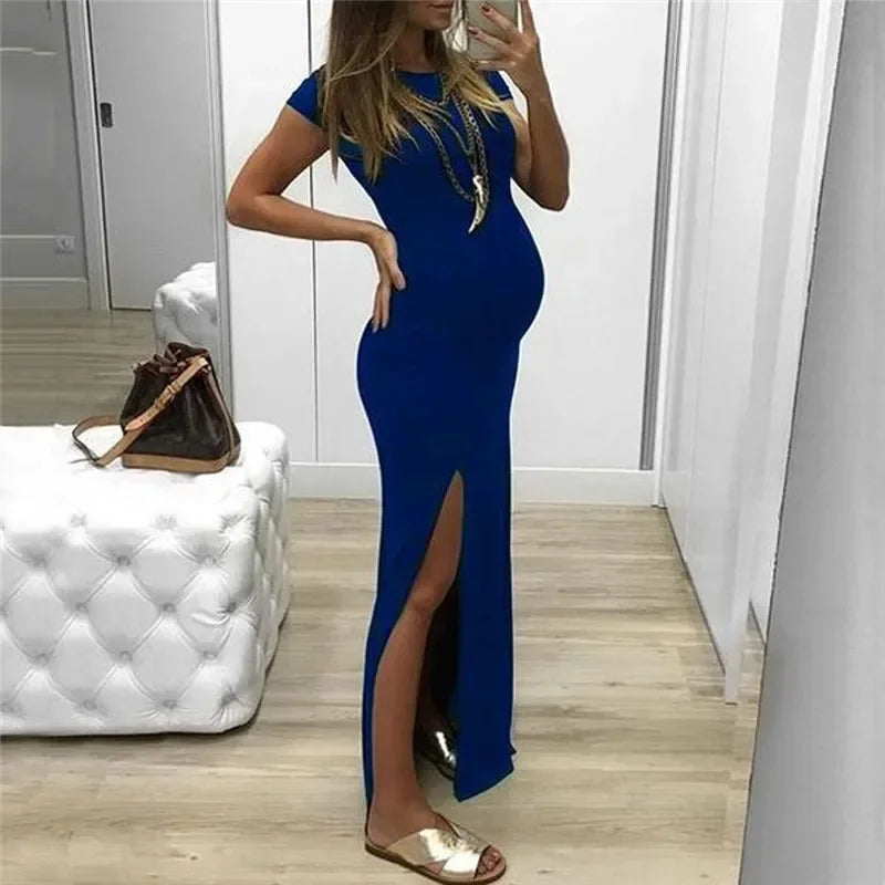 Maternity Dresses- Chic Mama Maternity Maxi with Leg Flair- Blue- IndioGear Women Clothing