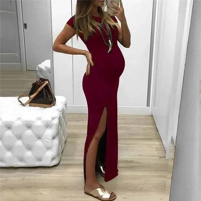 Maternity Dresses- Chic Mama Maternity Maxi with Leg Flair- Wine red- IndioGear Women Clothing