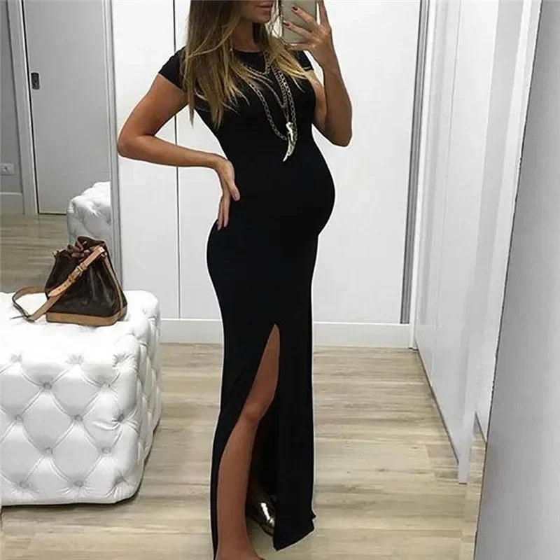 Maternity Dresses- Chic Mama Maternity Maxi with Leg Flair- Black- IndioGear Women Clothing