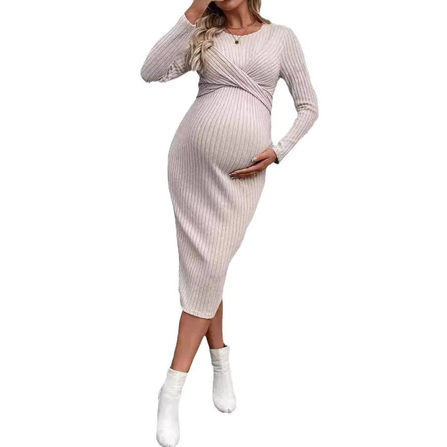 Maternity Dresses- Comfy Crisscross Ribbed Maternity Knit Dress for Casual Wear- - IndioGear Women Clothing