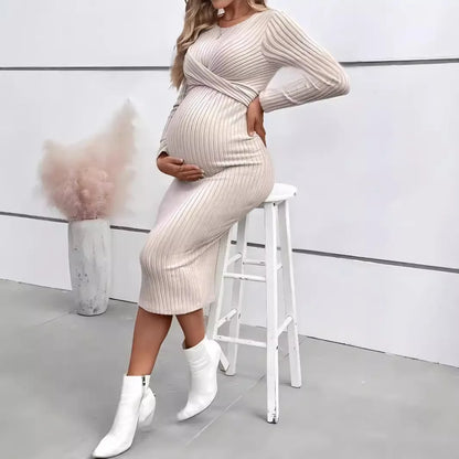 Maternity Dresses- Comfy Crisscross Ribbed Maternity Knit Dress for Casual Wear- Beige- IndioGear Women Clothing