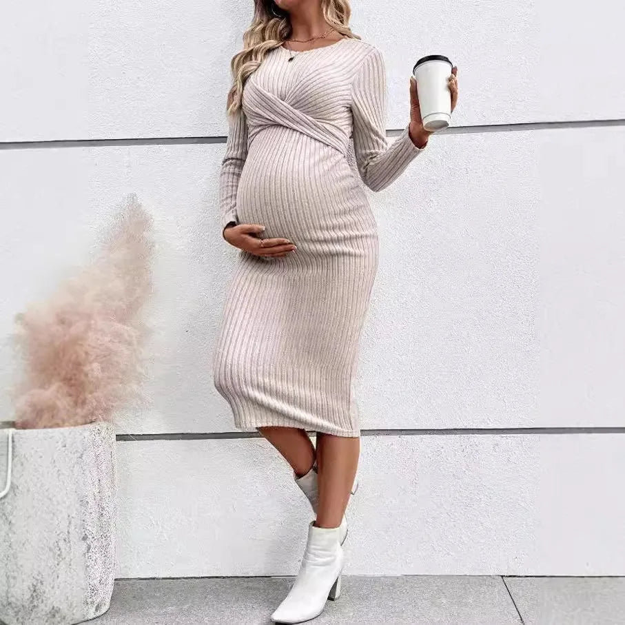 Maternity Dresses- Comfy Crisscross Ribbed Maternity Knit Dress for Casual Wear- - IndioGear Women Clothing