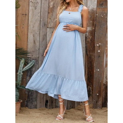 Maternity Dresses- Cotton A-Line Maternity Midi Dress with Ruffle Straps- - IndioGear Fashion and Gear