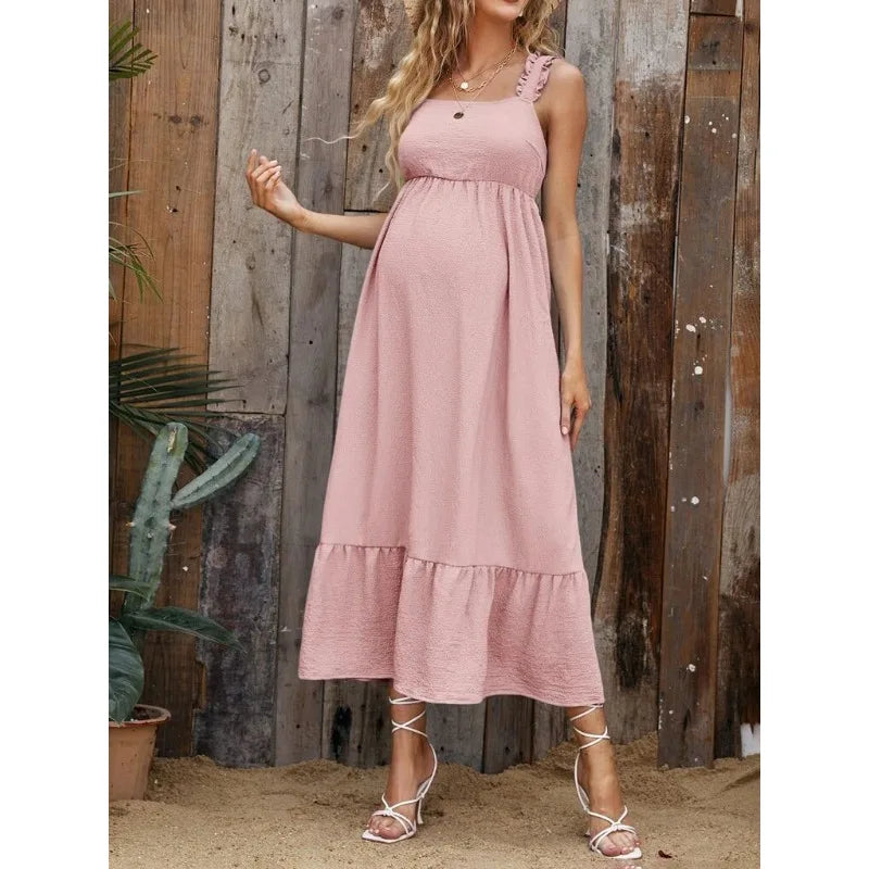 Maternity Dresses- Cotton A-Line Maternity Midi Dress with Ruffle Straps- - IndioGear Fashion and Gear