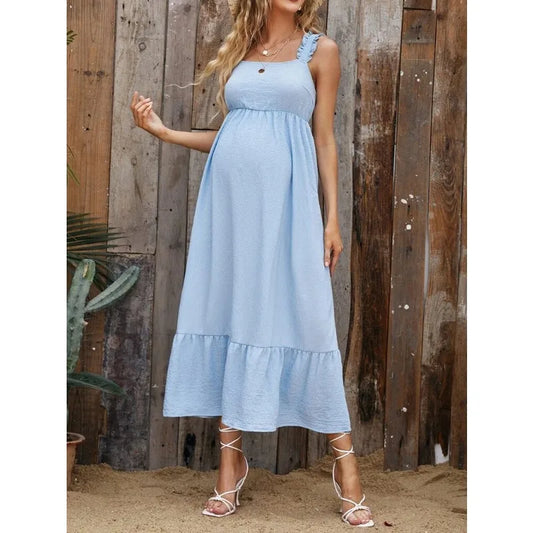 Maternity Dresses- Cotton A-Line Maternity Midi Dress with Ruffle Straps- - IndioGear Fashion and Gear