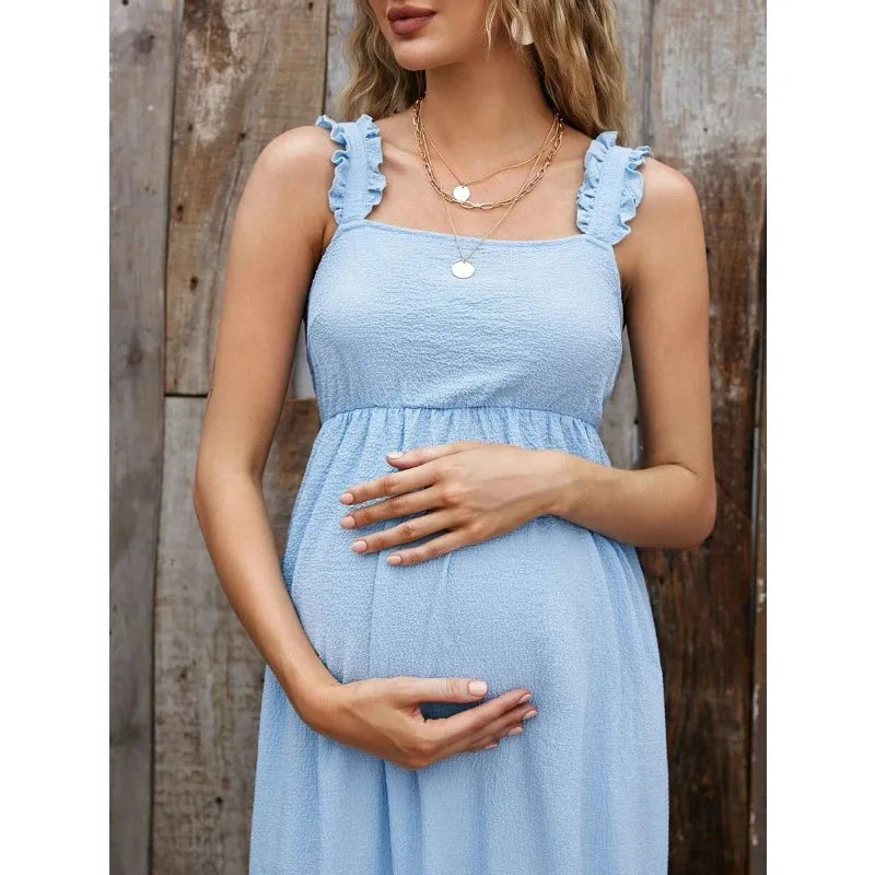 Maternity Dresses- Cotton A-Line Maternity Midi Dress with Ruffle Straps- - IndioGear Fashion and Gear