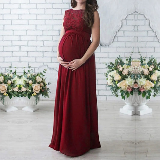 Maternity Dresses- Elegant Lace-Accented Maternity Dress for Special Events- Wine Red- IndioGear Fashion and Gear