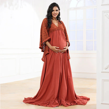 Maternity Dresses- Elegant Lace Maternity Dress Pregnancy Gown for Photoshoots- Rust- IndioGear.com