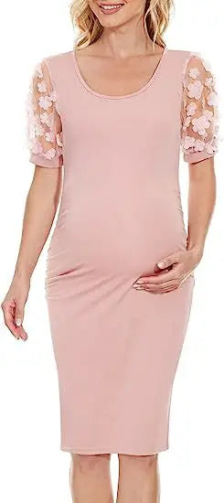 Maternity Dresses- Elegant Lace Sleeve Bodycon Maternity Dress for Baby Showers- Pink- IndioGear Fashion and Gear