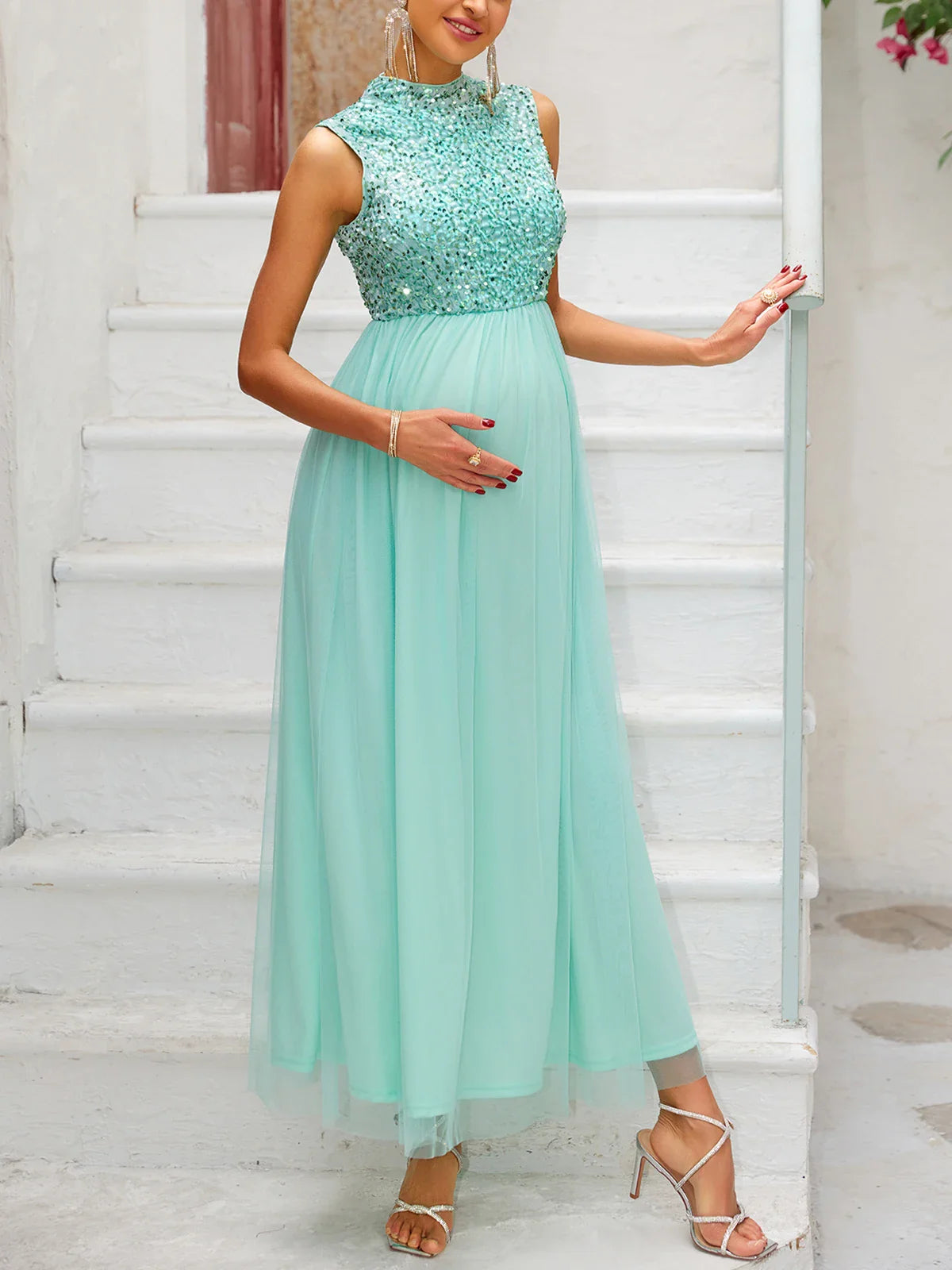 Maternity Dresses- Glamorous Maternity Dress with Sequined Gown- - IndioGear