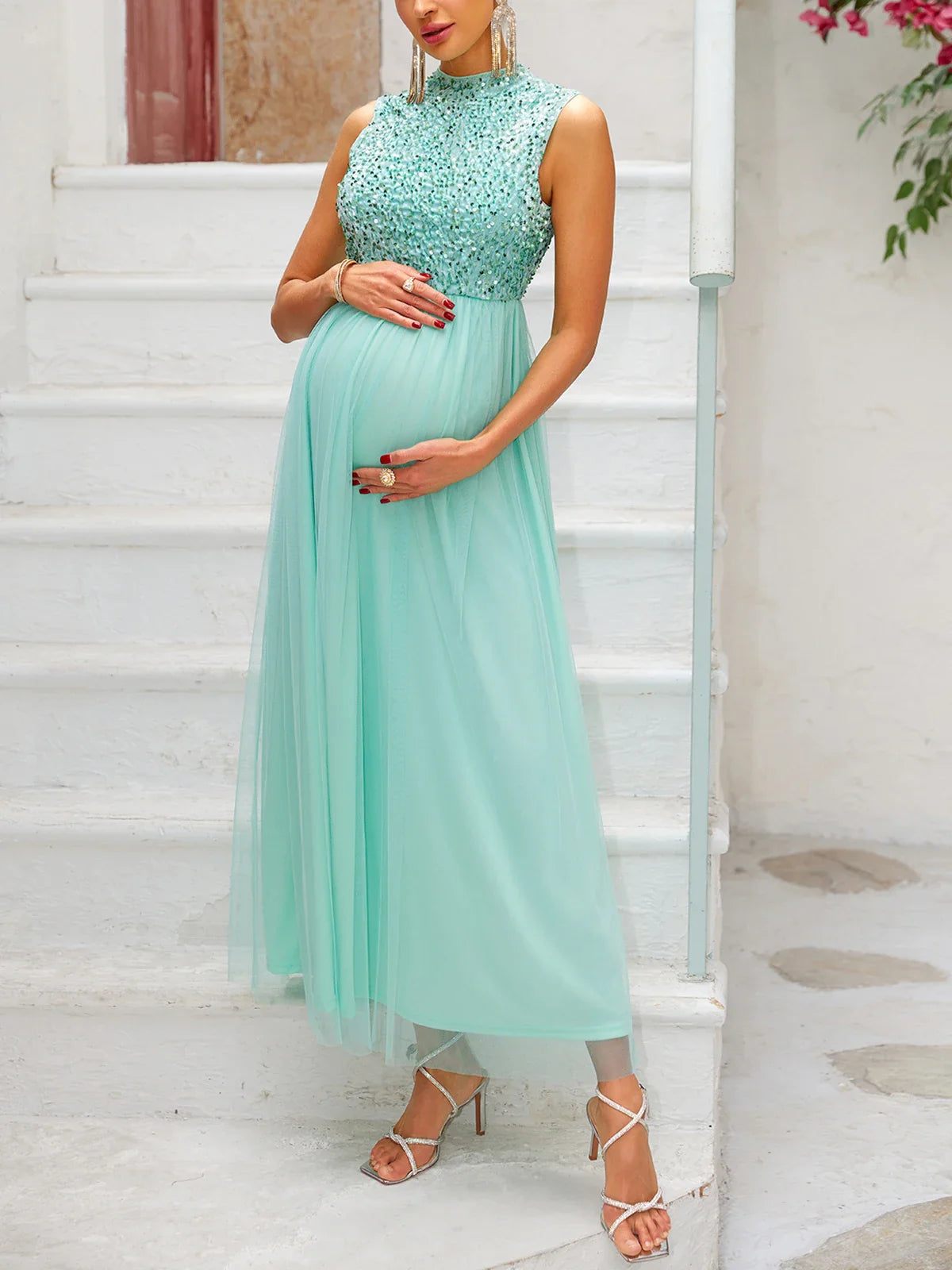 Maternity Dresses- Glamorous Maternity Dress with Sequined Gown- - IndioGear