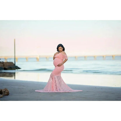 Maternity Dresses- Elegant Sweep Off Shoulder Trumpet Maternity Dress for Special Occasions- - IndioGear Fashion and Gear