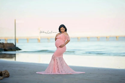 Maternity Dresses- Elegant Sweep Off Shoulder Trumpet Maternity Dress for Special Occasions- Pink- IndioGear Fashion and Gear