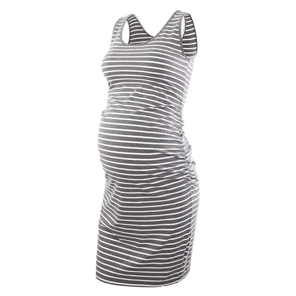 Maternity Dresses- Essential Spring Striped Bodycon Maternity Dress with Ruched Sides- dark gray- IndioGear Fashion and Gear