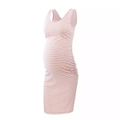 Maternity Dresses- Essential Spring Striped Bodycon Maternity Dress with Ruched Sides- Pink- IndioGear Fashion and Gear