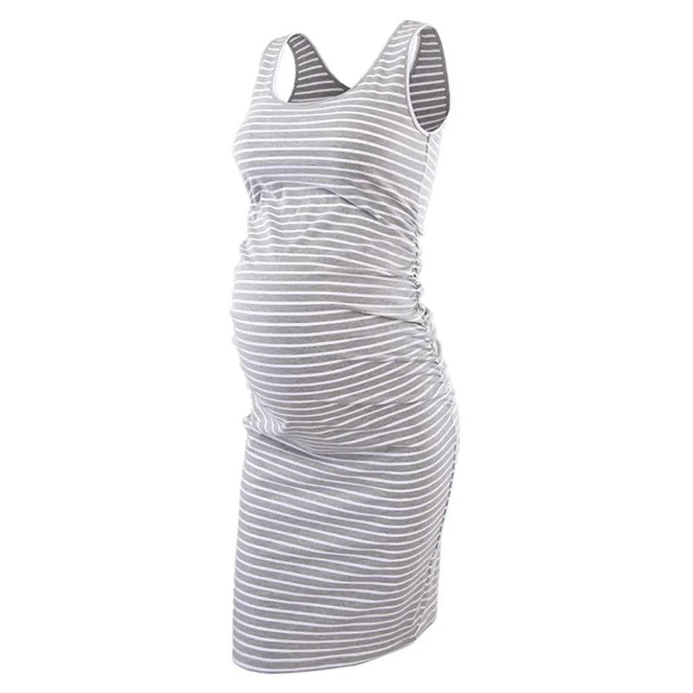 Maternity Dresses- Essential Spring Striped Bodycon Maternity Dress with Ruched Sides- Light Gray- IndioGear Fashion and Gear