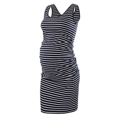 Maternity Dresses- Essential Spring Striped Bodycon Maternity Dress with Ruched Sides- Black- IndioGear Fashion and Gear