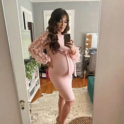 Maternity Dresses- Floral Lace Sleeve Bodycon Maternity Dress for Chic Moms-to-Be- Pink- IndioGear Fashion and Gear