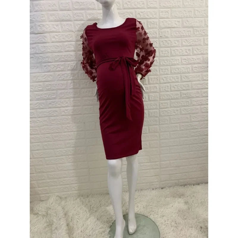 Maternity Dresses- Floral Lace Sleeve Bodycon Maternity Dress for Chic Moms-to-Be- Dark red- IndioGear Fashion and Gear