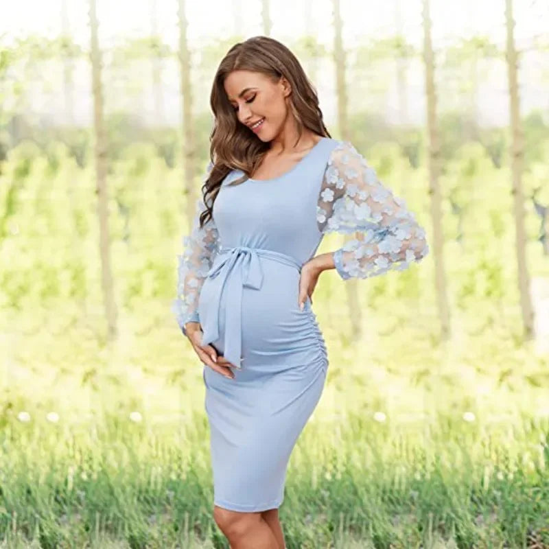 Maternity Dresses- Floral Lace Sleeve Bodycon Maternity Dress for Chic Moms-to-Be- Sky blue- IndioGear Fashion and Gear