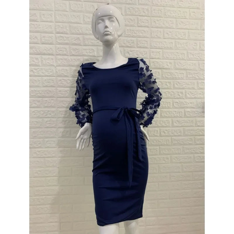 Maternity Dresses- Floral Lace Sleeve Bodycon Maternity Dress for Chic Moms-to-Be- Dark blue- IndioGear Fashion and Gear