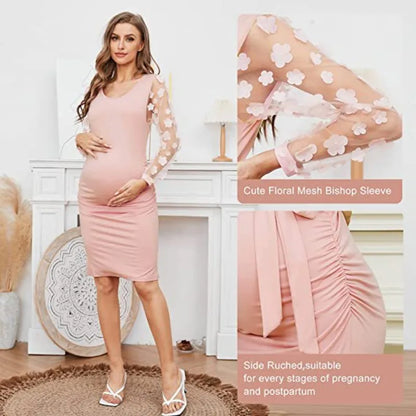 Maternity Dresses- Floral Lace Sleeve Bodycon Maternity Dress for Chic Moms-to-Be- - IndioGear Fashion and Gear