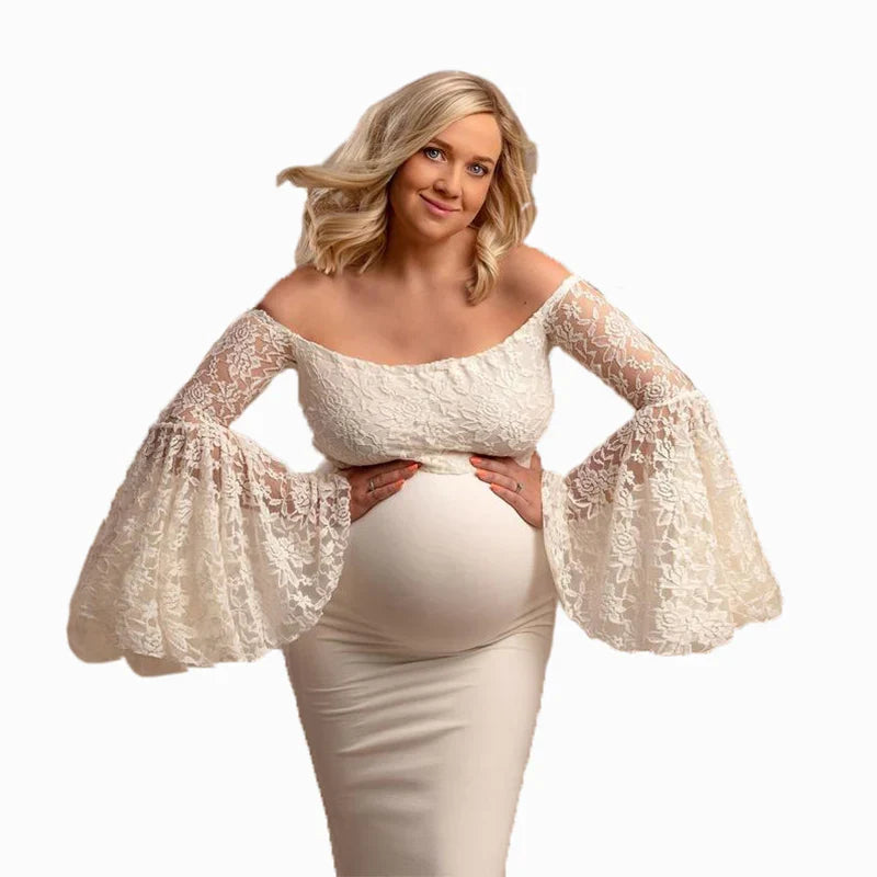 Maternity Dresses- Lace Sleeve Maternity Evening Gown - Floor-Length Mermaid Maternity Dress- White- IndioGear Fashion and Gear