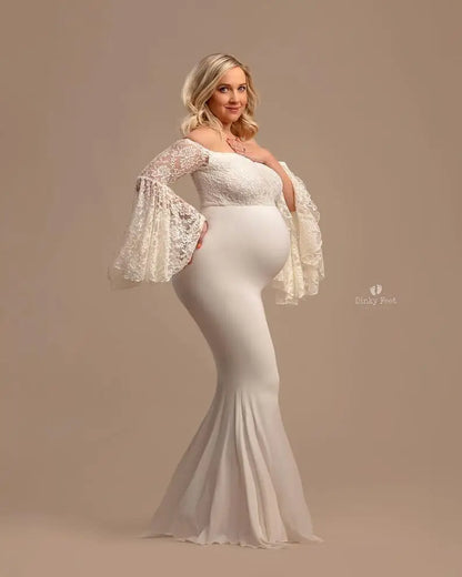 Maternity Dresses- Lace Sleeve Maternity Evening Gown - Floor-Length Mermaid Maternity Dress- - IndioGear Fashion and Gear