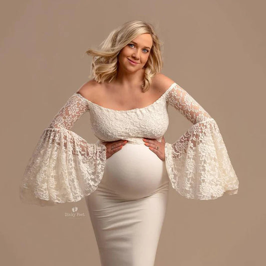 Maternity Dresses- Lace Sleeve Maternity Evening Gown - Floor-Length Mermaid Maternity Dress- - IndioGear Fashion and Gear