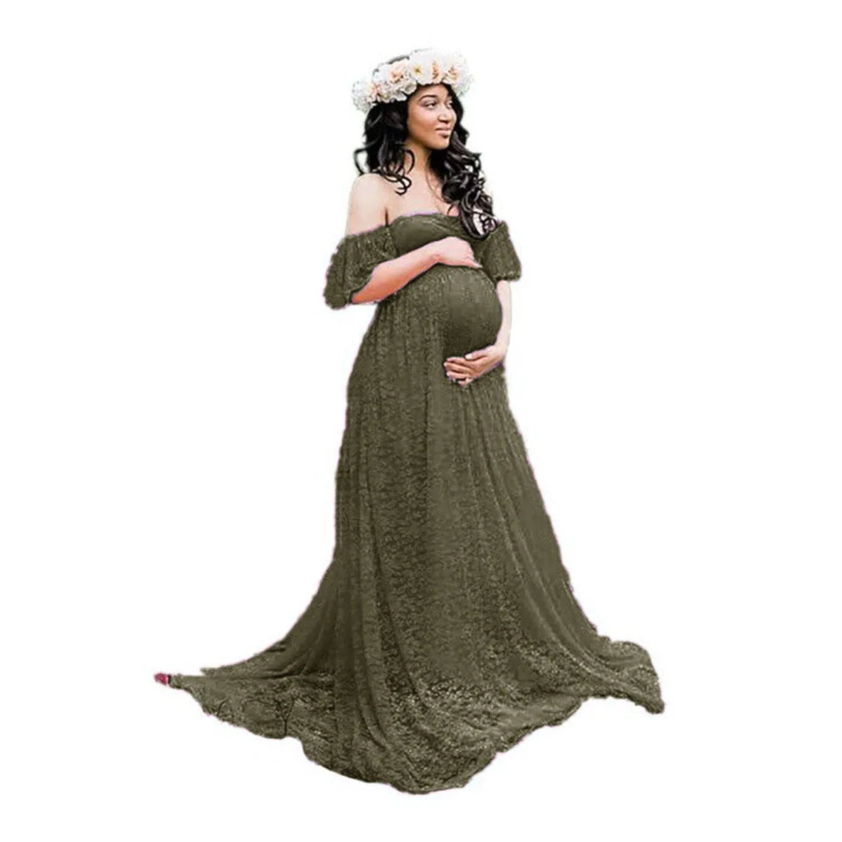 Maternity Dresses- Maternity Dress with Elegant Train for Formal Events- Green- IndioGear Fashion and Gear