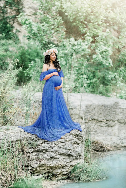 Maternity Dresses- Maternity Dress with Elegant Train for Formal Events- Blue- IndioGear Fashion and Gear