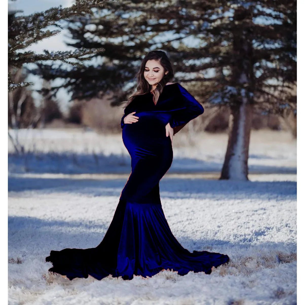 Maternity Dresses- Velvet Mermaid Maternity Dress Off-Shoulder Baby Shower Gown- - IndioGear.com