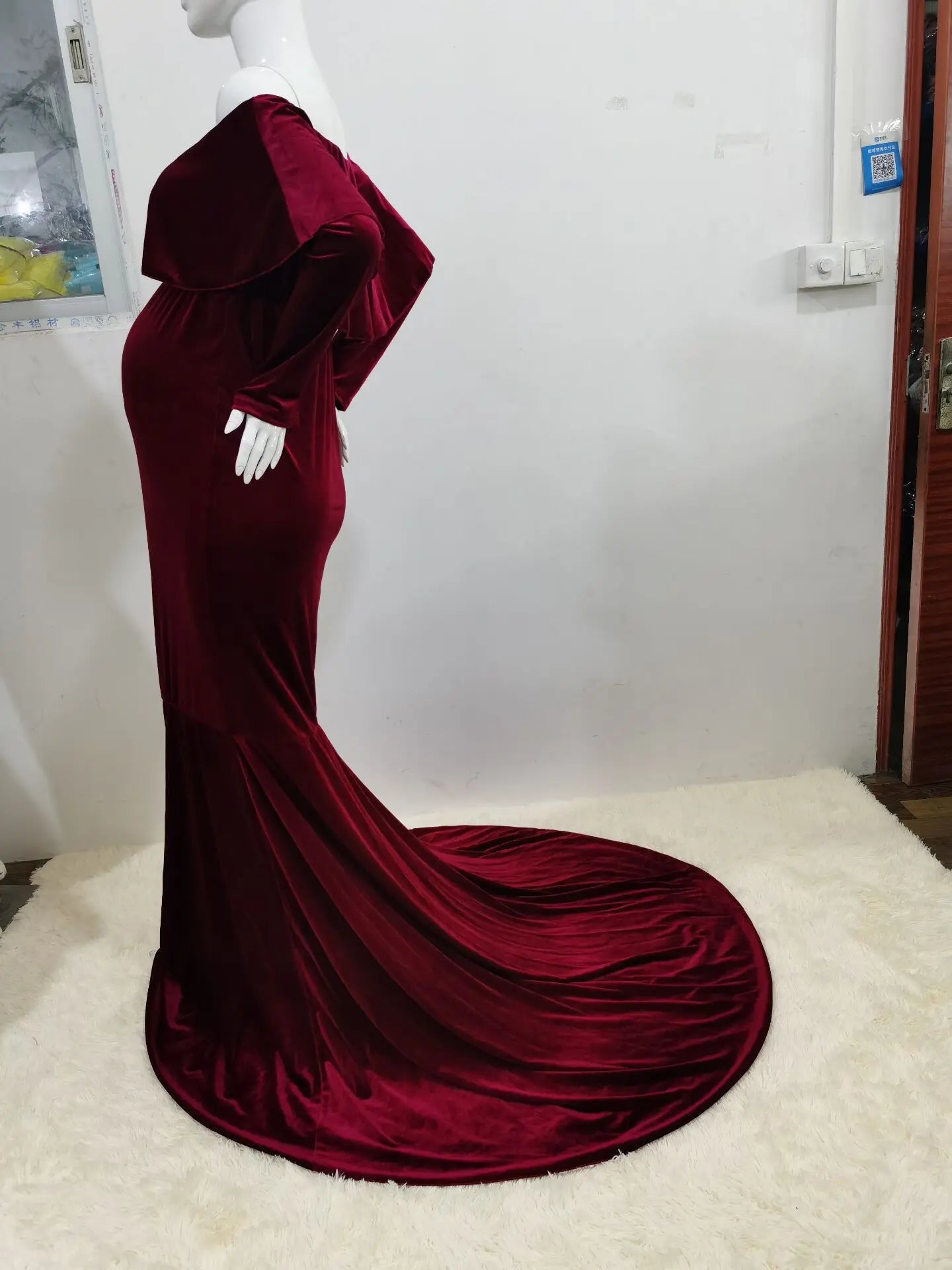 Maternity Dresses- Velvet Mermaid Maternity Dress Off-Shoulder Baby Shower Gown- - IndioGear.com