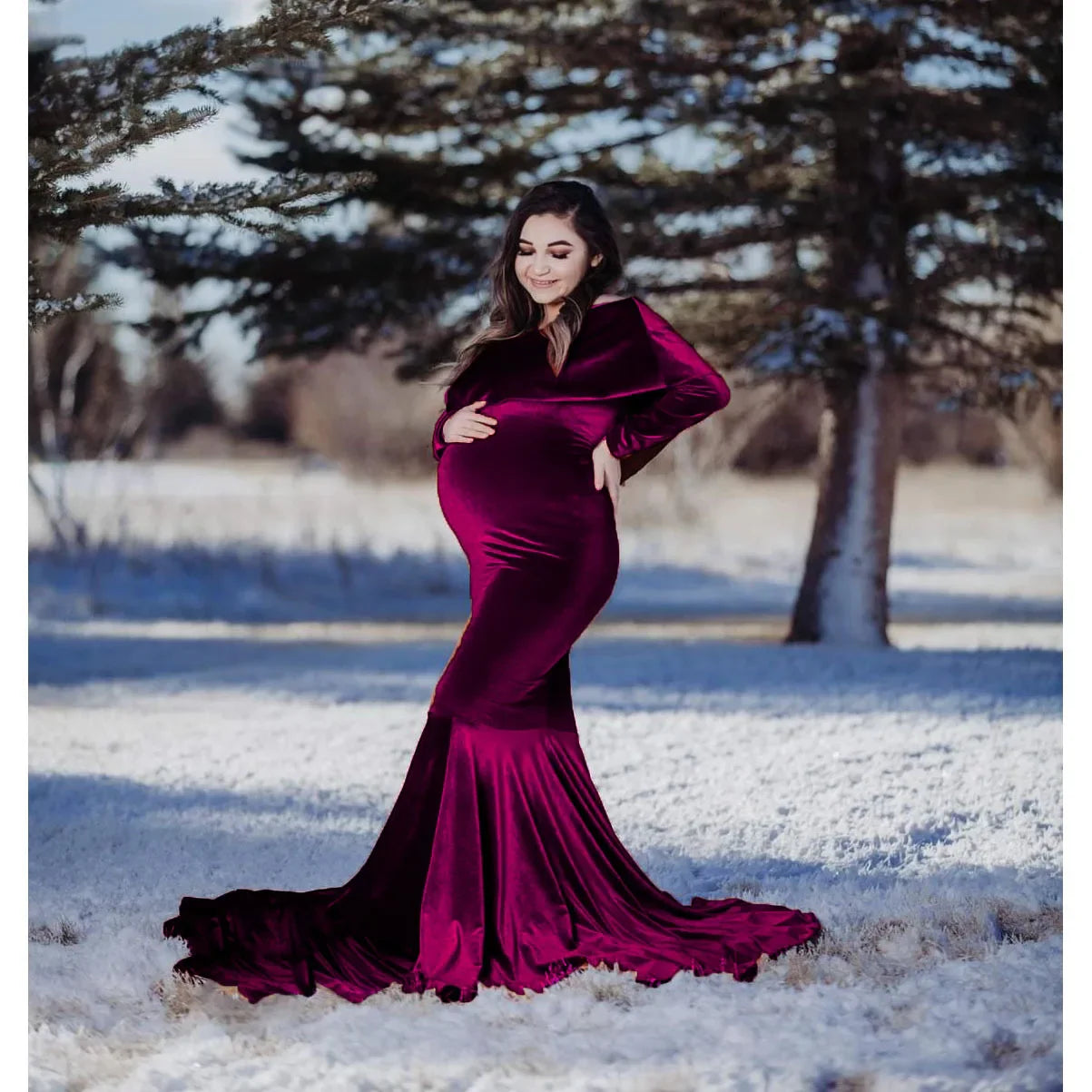 Maternity Dresses- Velvet Mermaid Maternity Dress Off-Shoulder Baby Shower Gown- - IndioGear.com