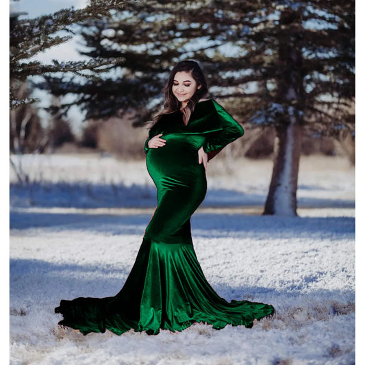 Maternity Dresses- Velvet Mermaid Maternity Dress Off-Shoulder Baby Shower Gown- - IndioGear.com