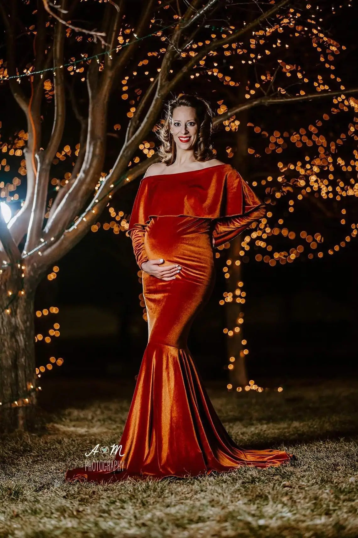 Maternity Dresses- Velvet Mermaid Maternity Dress Off-Shoulder Baby Shower Gown- - IndioGear.com