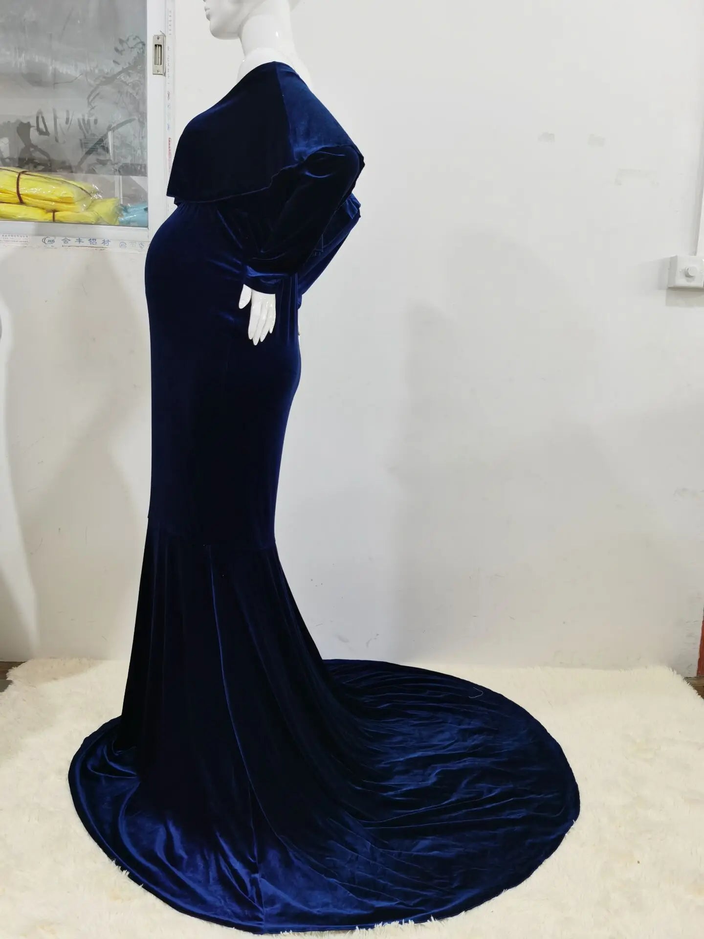 Maternity Dresses- Velvet Mermaid Maternity Dress Off-Shoulder Baby Shower Gown- - IndioGear.com