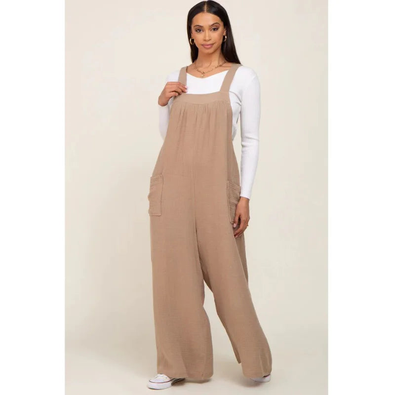 Maternity Playsuits- Casual Maternity Cotton Bib Playsuit - Wide-Leg Loose Jumpsuit- - IndioGear Fashion and Gear