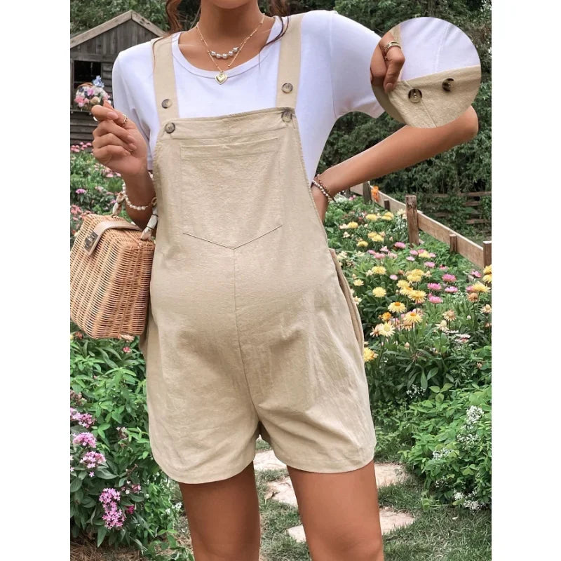 Maternity Playsuits- Solid Cotton Bib Shorts Maternity Romper- Beige- IndioGear Fashion and Gear