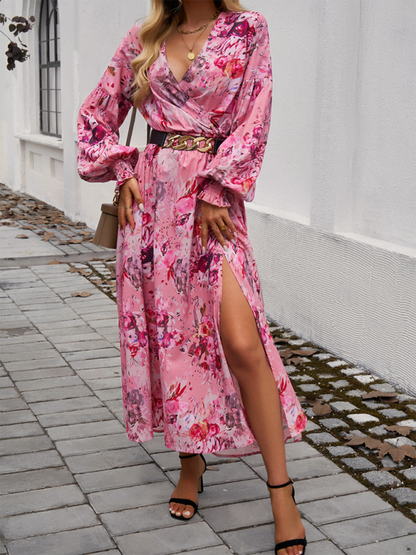 Maxi Dress- Floral Long Sleeve Surplice V-Neck Maxi Dress- - IndioGear.com