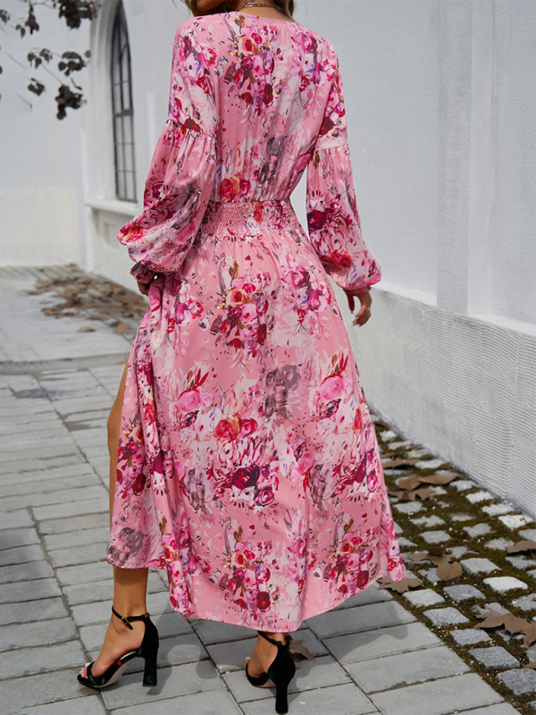 Maxi Dress- Floral Long Sleeve Surplice V-Neck Maxi Dress- - IndioGear.com