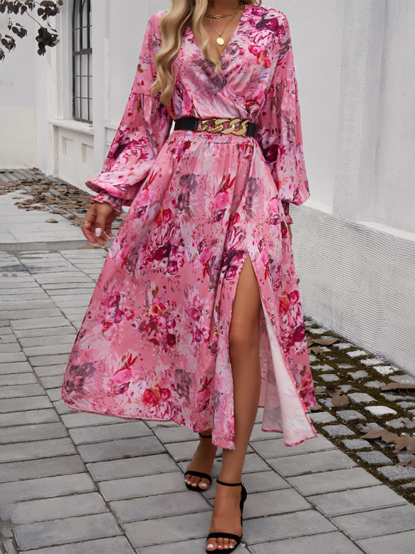 Maxi Dress- Floral Long Sleeve Surplice V-Neck Maxi Dress- - IndioGear.com