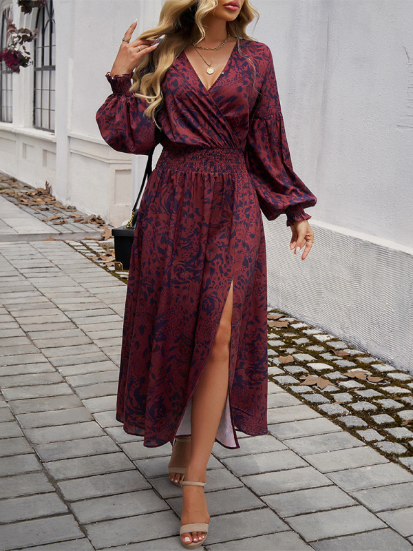 Maxi Dress- Floral Long Sleeve Surplice V-Neck Maxi Dress- - IndioGear.com