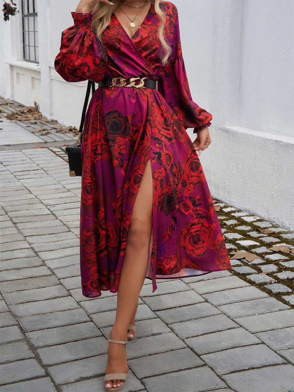 Maxi Dress- Floral Long Sleeve Surplice V-Neck Maxi Dress- - IndioGear.com