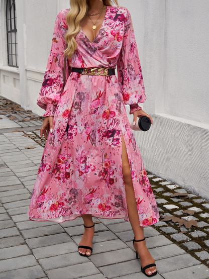 Maxi Dress- Floral Long Sleeve Surplice V-Neck Maxi Dress- - IndioGear.com