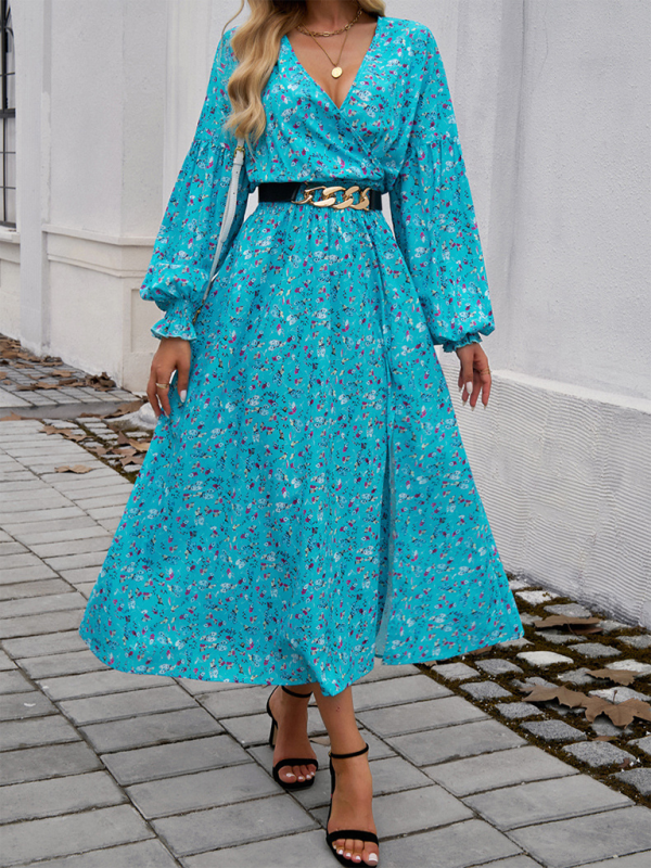 Maxi Dress- Floral Long Sleeve Surplice V-Neck Maxi Dress- - IndioGear.com