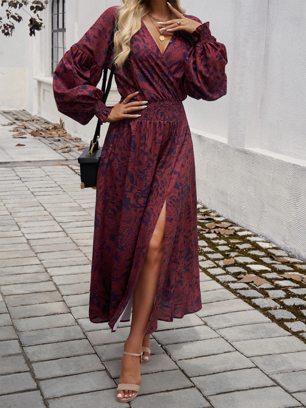 Maxi Dress- Floral Long Sleeve Surplice V-Neck Maxi Dress- - IndioGear.com