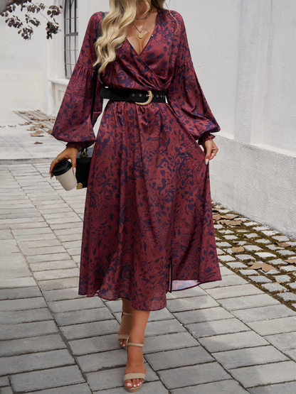 Maxi Dress- Floral Long Sleeve Surplice V-Neck Maxi Dress- - IndioGear.com