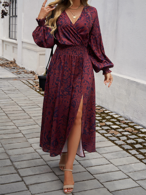 Maxi Dress- Floral Long Sleeve Surplice V-Neck Maxi Dress- - IndioGear.com