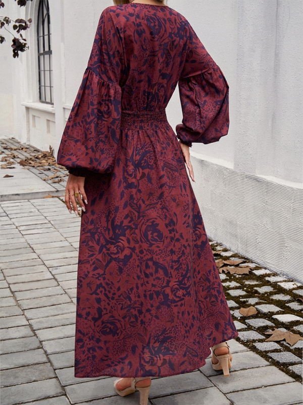 Maxi Dress- Floral Long Sleeve Surplice V-Neck Maxi Dress- - IndioGear.com